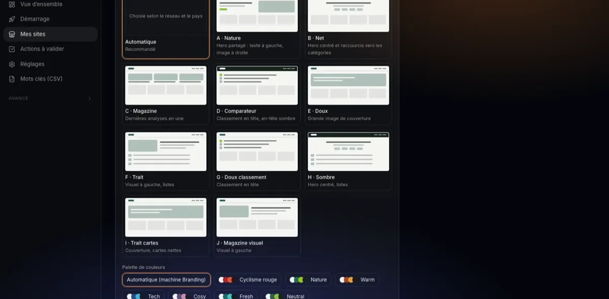 Capture réelle d'Affiliate OS : le choix de la présentation d'un site, 10 présentations au choix.
