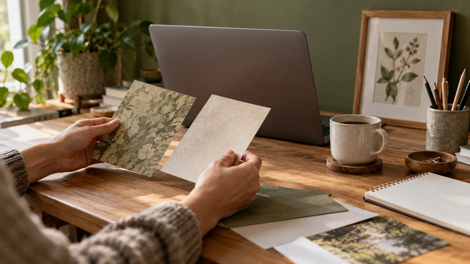 Un bureau avec des échantillons imprimés à comparer avant de choisir un visuel.